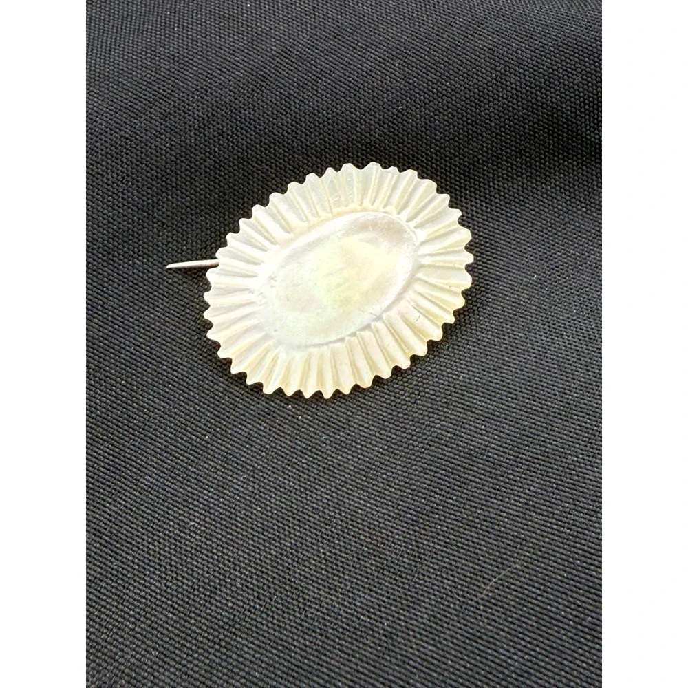 Tiny Vintage Mother of Pearl Carved Scalloped Oval Brooch Iridescent Shell Pin